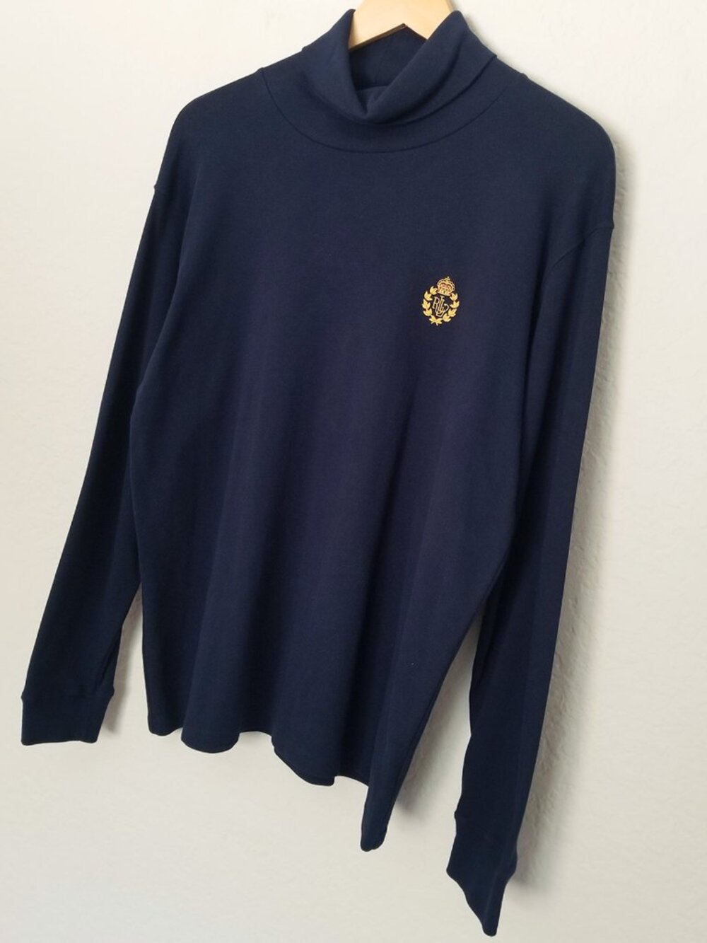 Lauren Ralph Lauren Women's L Navy Blue Turtleneck Gold Embroidered Crest Logo - Picture 11 of 12